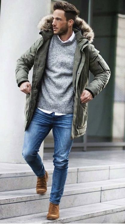 Fur hooded parka jacket winter outfits men