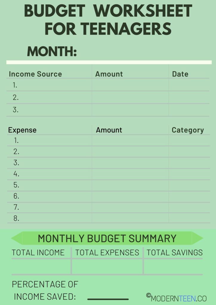 Budget Worksheet for Teenagers