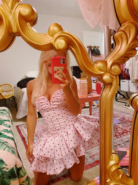 pink homecoming dress with polka dots