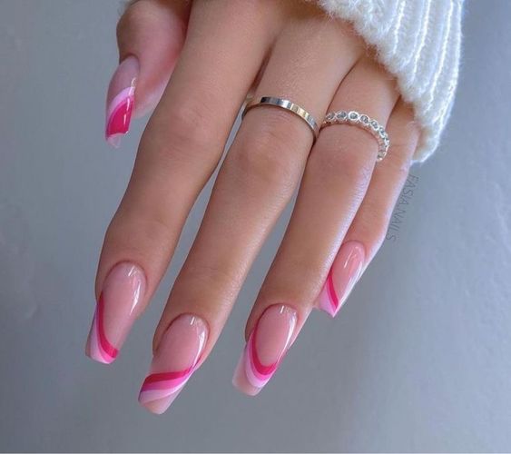 hot pink swirl french tip nails for homecoming