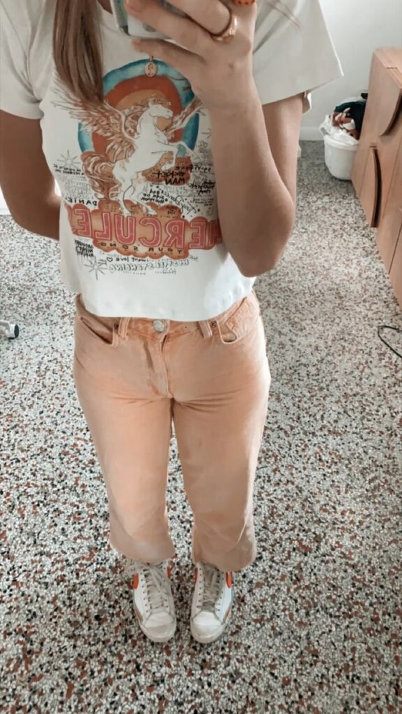 pastel pants and graphic tee