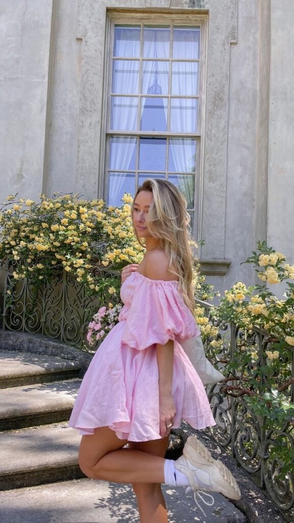 flowy dress and chunky sneakers