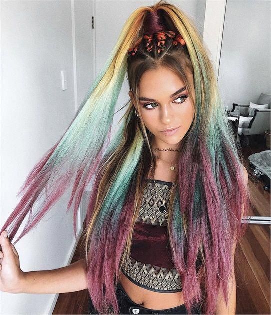 long Coachella hairstyles with rainbow highlights