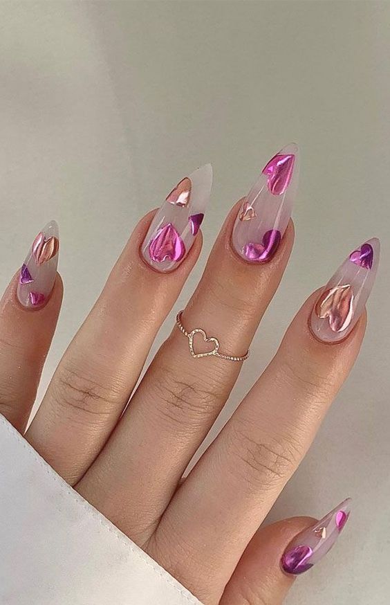 metallic nails with hearts