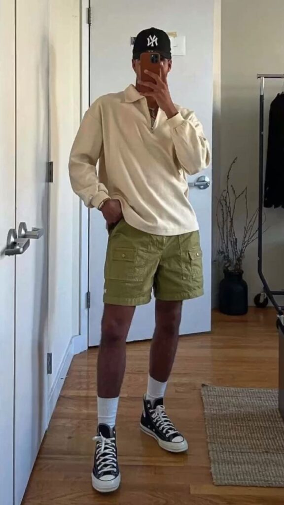 sweater and cargo shorts outfit