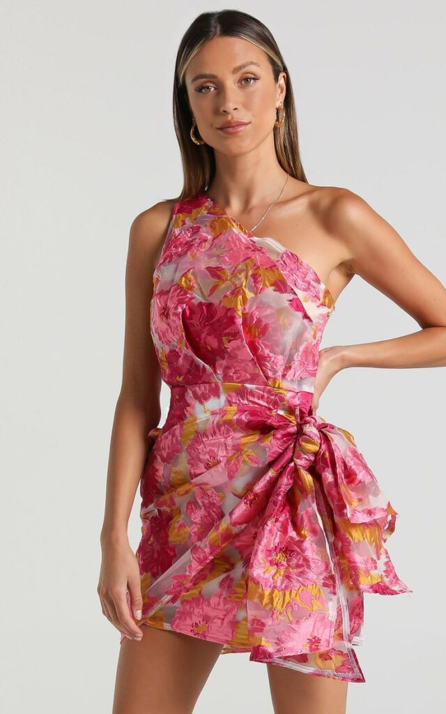 one shoulder floral mini dress