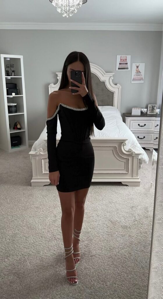 crystal trim black dress