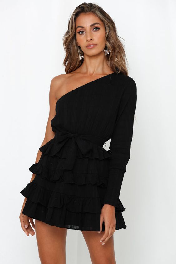 one shoulder black graduation dress