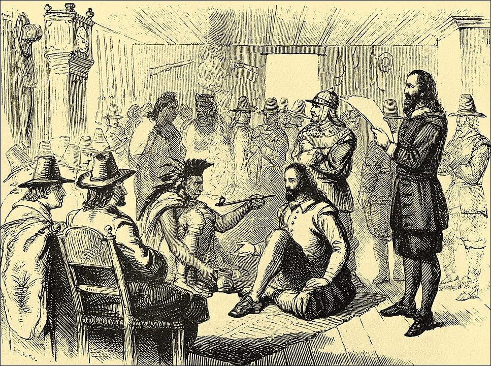 Massasoit handing a peace pipe to Governor John Carver in Plymouth, 1621